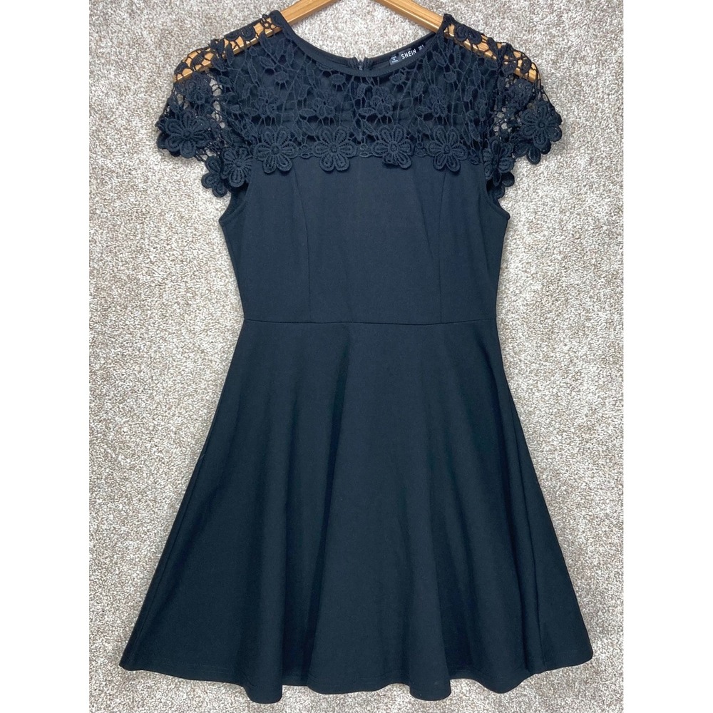 SHEIN Floral Crochet Lace Fit and Flare Mini Dress Womens S Black Goth Romantic